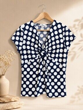 Chaus Navy and White Polka Dot Knot-Front Blouse